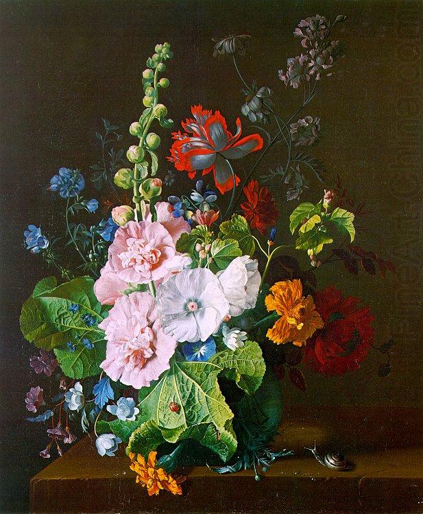 Hollyhocks and other Flowers in a Vase, Jan van Huysum